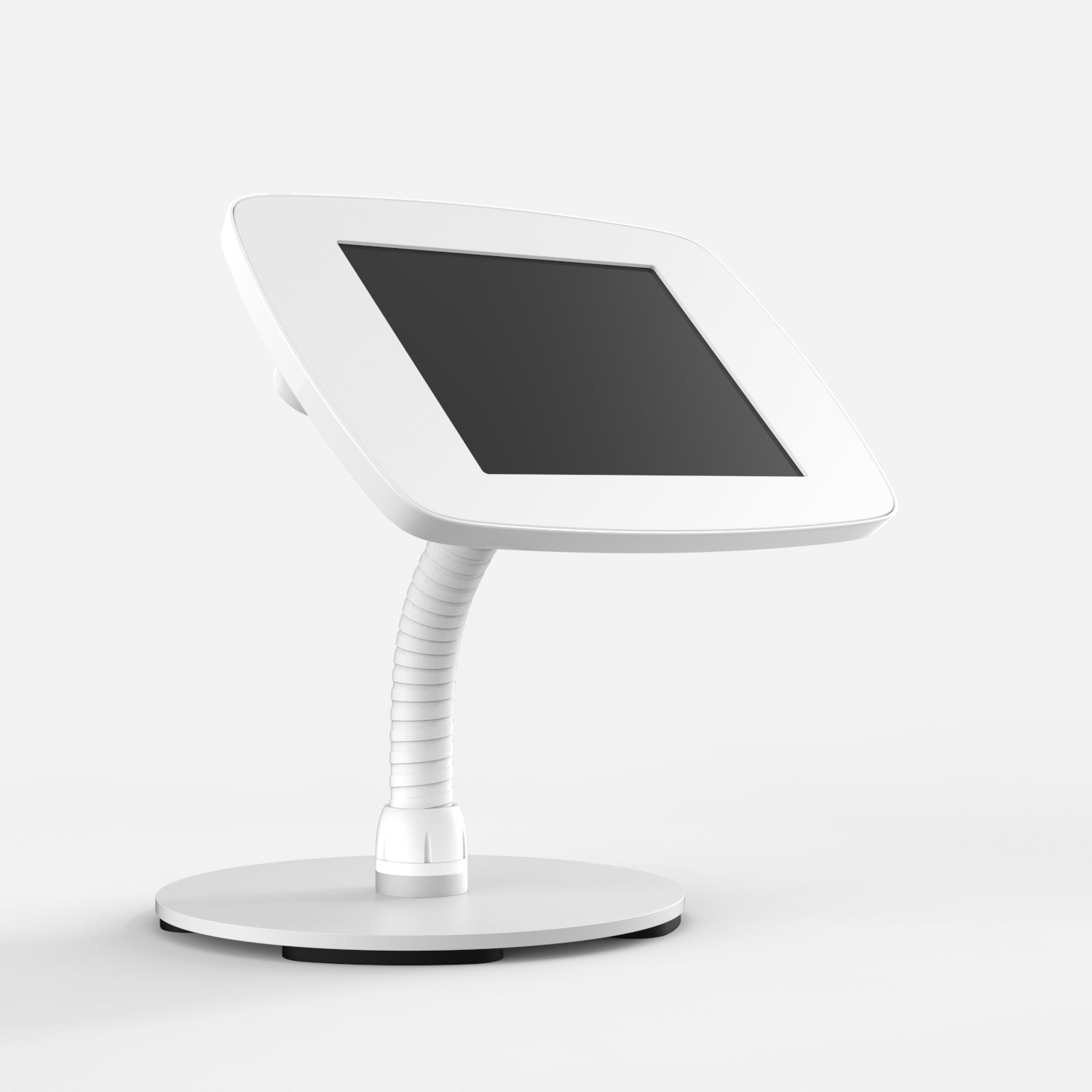 Bouncepad Counter Flex - A secure tablet & iPad gooseneck stand in white.