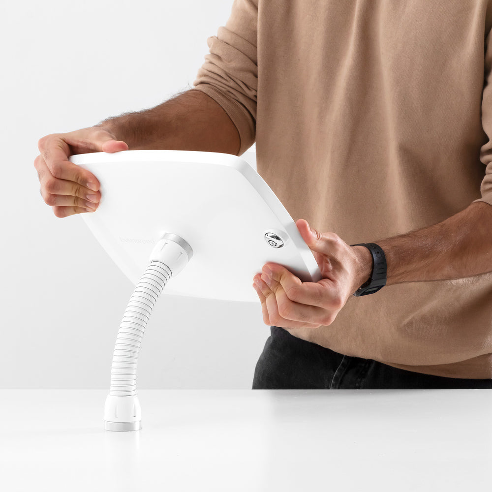 Bouncepad Flex - A secure tablet & iPad gooseneck stand in white.