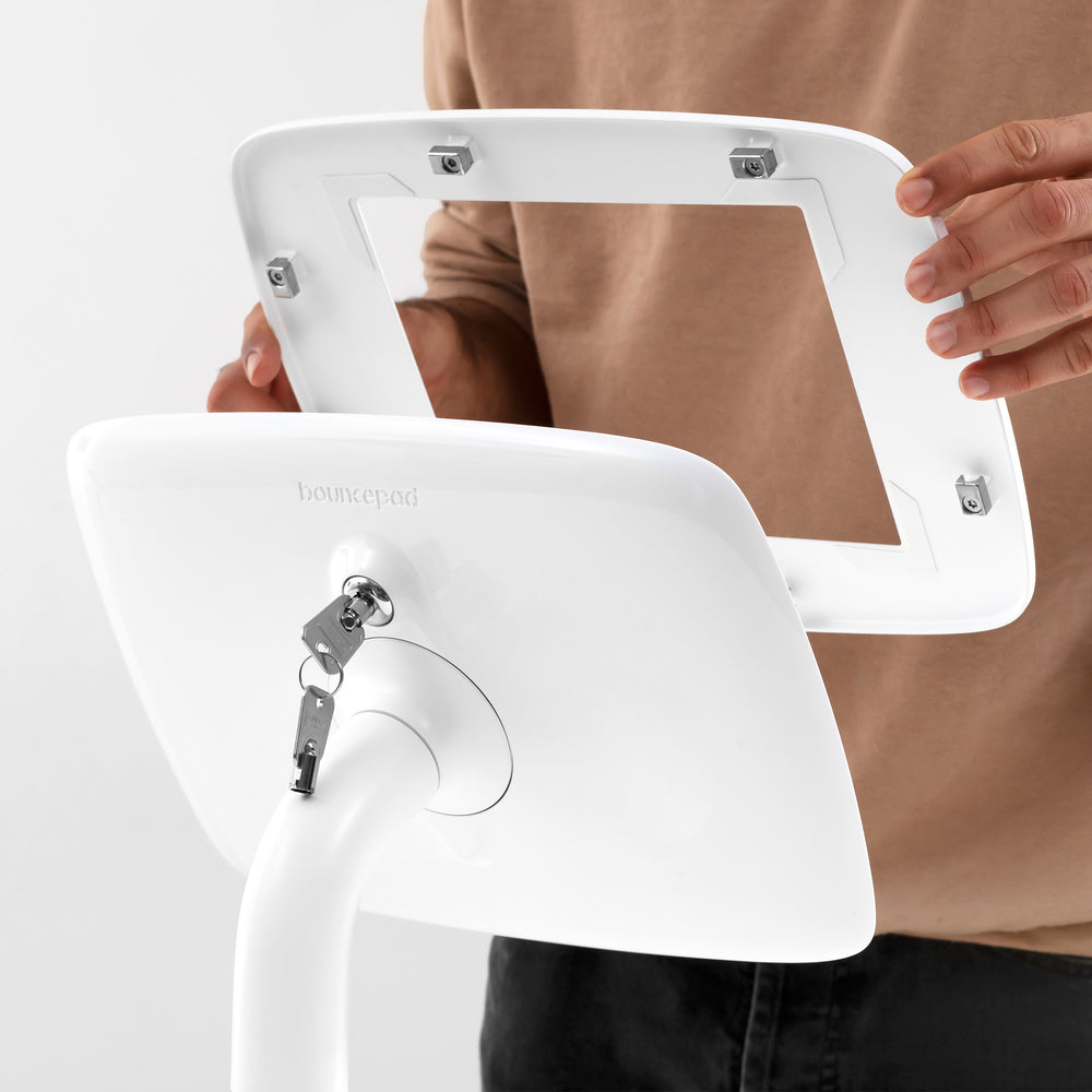 Bouncepad Sumo - A secure & adjustable tablet & iPad desk mount in white.