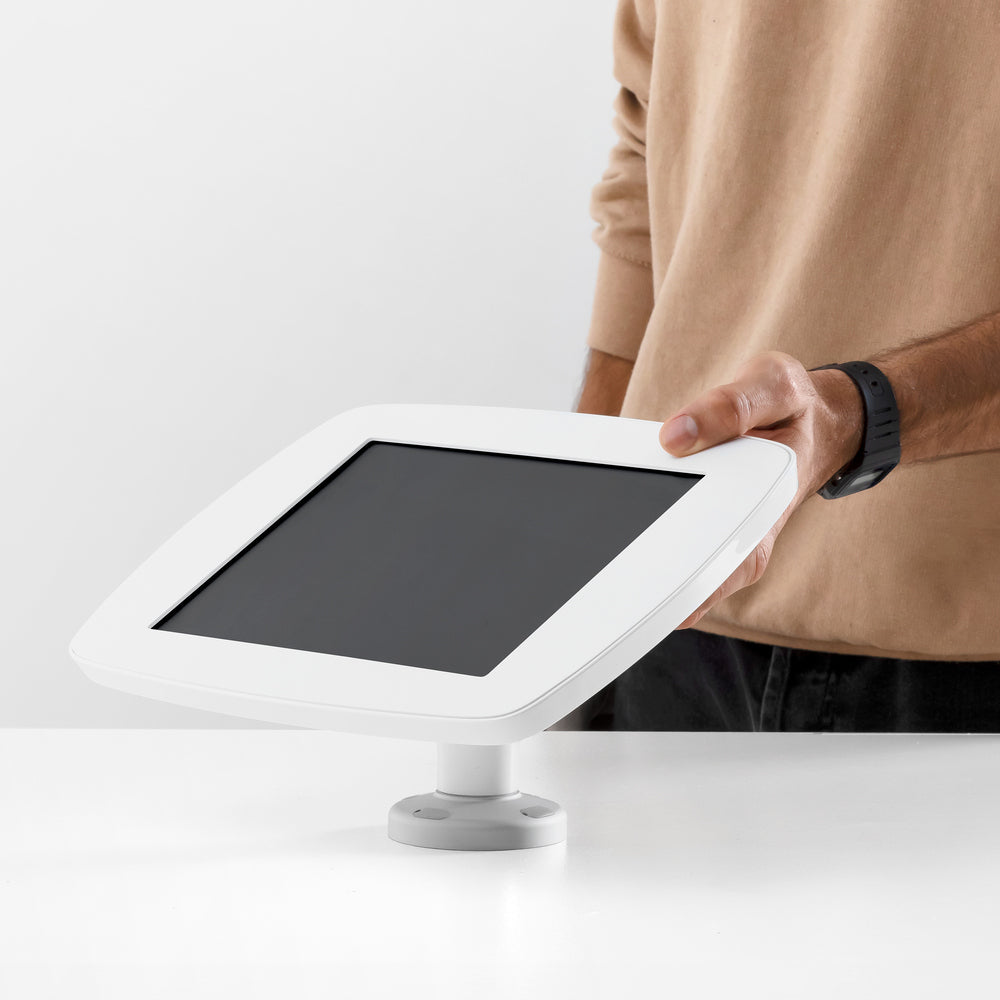Bouncepad Swivel Desk - A secure rotating tablet & iPad desk mount in white.